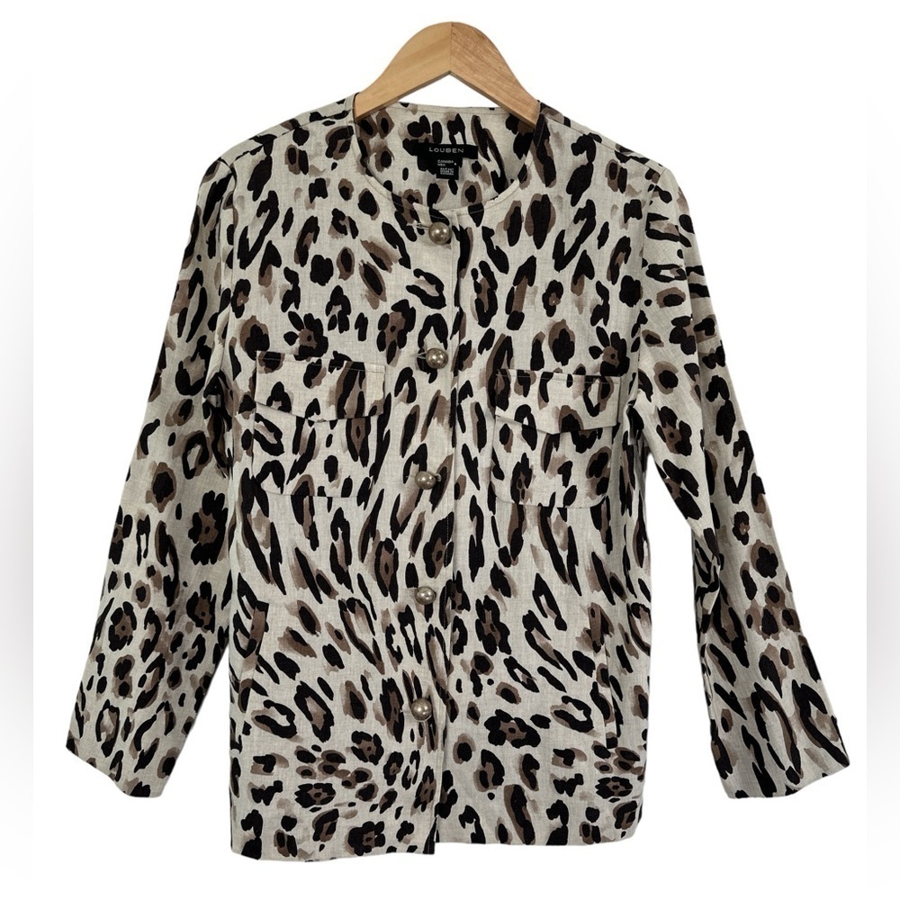 Louben Animal Print Leopard Linen Single Breasted Collarless Jewel Neck Jacket